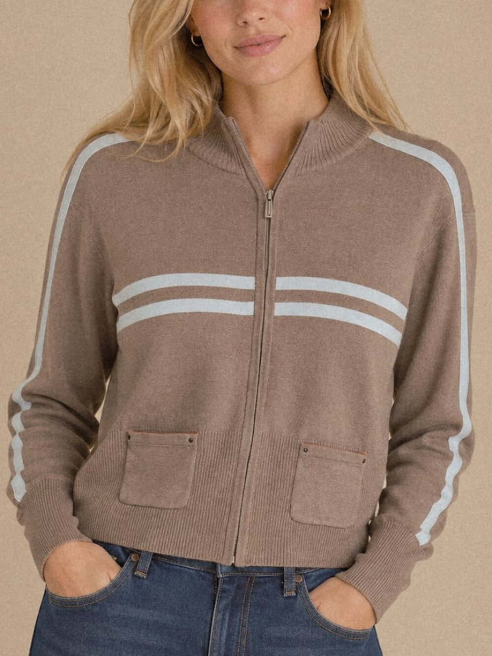 Jamie Sadock | Silk Blend Brown Blue Zip Cardigan Sport Golf Soft Lightweight